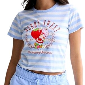 NEW Strawberry Shortcake Berry Sweet 1979 Graphic Baby Tee Blue White Stripe XL
